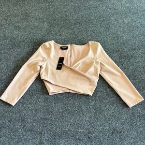 Bebe 3 Qrtr Slv Wrap Crop Top Pink Nude Surplice Exposed Zipper Small NWT